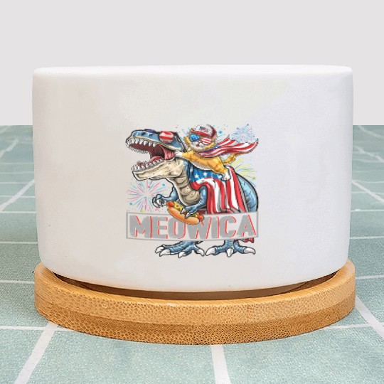 Meowica Cat T-Rex Dinosaur 4th of July US Flag Plant Pots