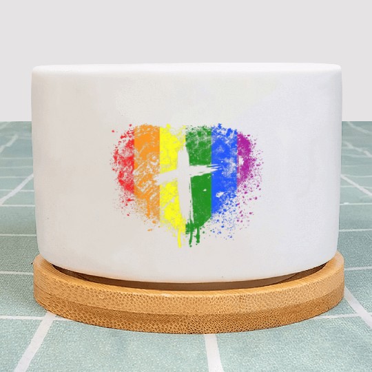 Rainbow Heart with Cross Gay Pride LGBT Christian Plant Pots