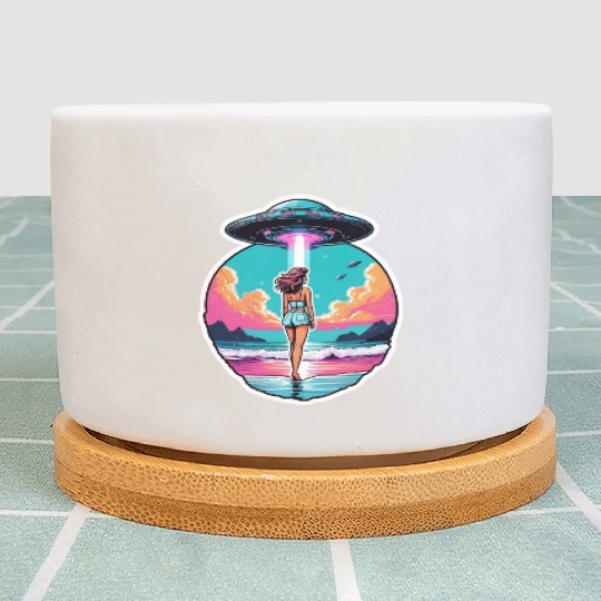 Woman at the shore walking towards a UFO. Plant Pots