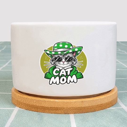 Cat Mom Funny cat with sunglasses, hat and clothes Plant Pots