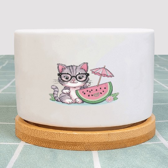 cute kitten an watermelon slice vector illustratio Plant Pots