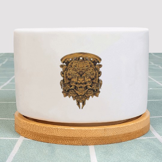 Golden Angry Tiger Tora Skull Tattoo Plant Pots