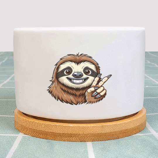 Cute sloth showing teeth joy cartoon peace Plant Pots