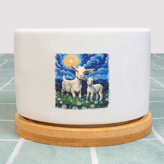 Goats Farm Animals Farmer Starry Night Painting Plant Pots