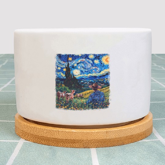 Cow Farmer Farming Farm Starry Night Painting Plant Pots