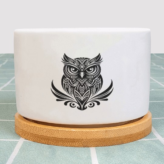 Clever Owl In Tattoo Ink Style Plant Pots