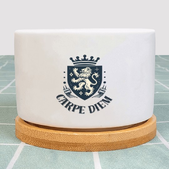Carpe Diem - Elegant Heraldic Crest With Lion and Plant Pots