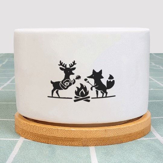 Deer and Fox Camping Campfire - vector one color Plant Pots