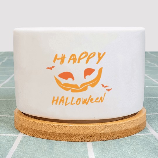"Happy Halloween" Orange Design on Black Plant Pots
