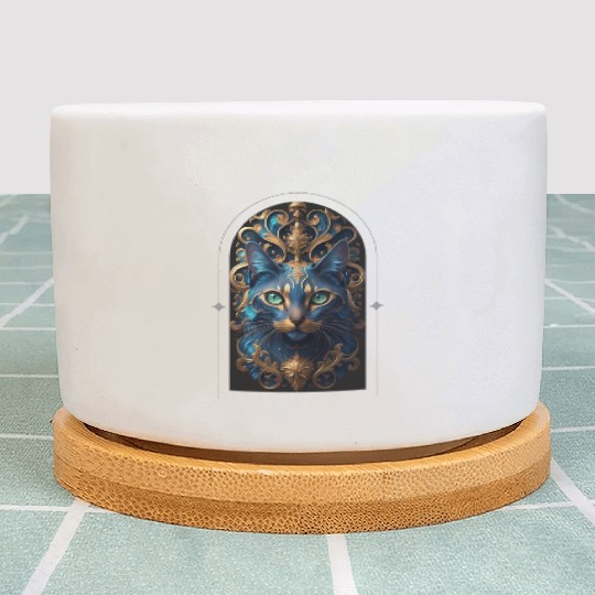 Elegant stylish blue and gold cat face Plant Pots