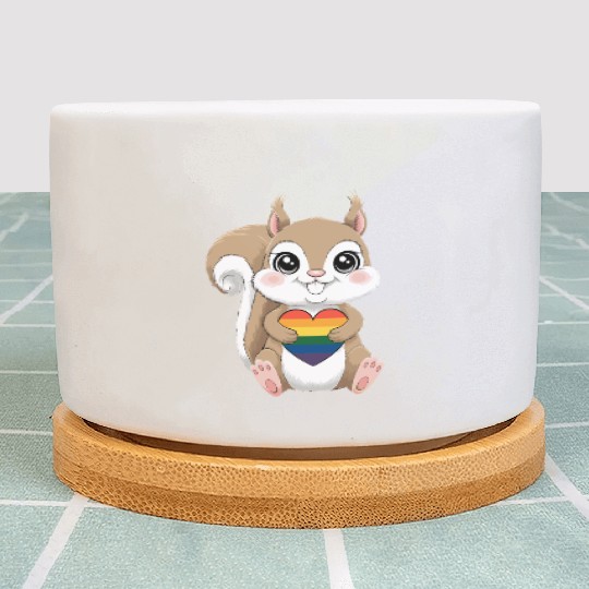 Cute Squirrel Holding Rainbow Heart LGTBQ Love Plant Pots