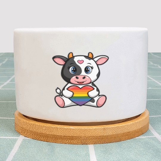 LGTBQ Cow Holding Rainbow Heart Plant Pots