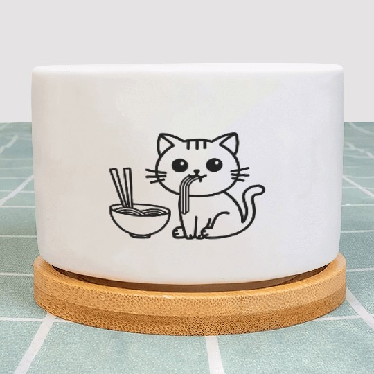 Cute Cat Eating Ramen Kawaii Food Design Plant Pots