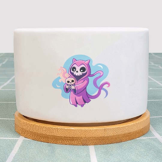 skeletal figure, violet pink robe, lavender puppy Plant Pots