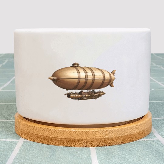 A large steampunk-style airship with bronze metal Plant Pots