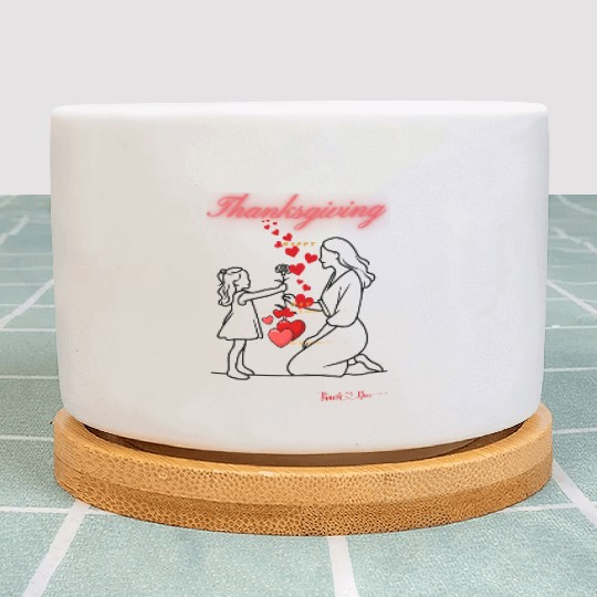 Thanksgiving girl giving Flower to Her Mom Plant Pots