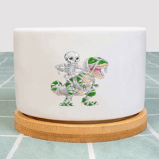 Skeleton Riding Mummy Dinosaur T rex Halloween Plant Pots
