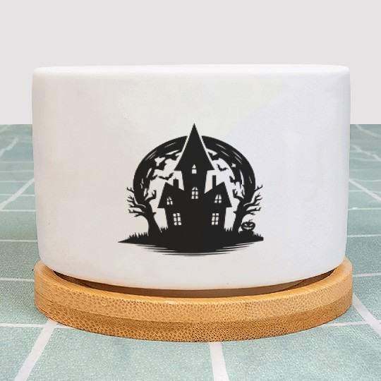 Spooky Haunted House Full Moon Halloween Party Plant Pots