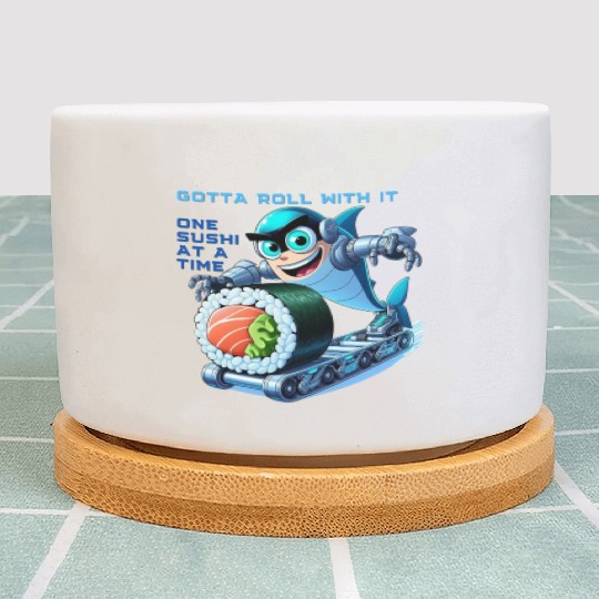 funny shark cyborg cyberpunk rolling sushi Plant Pots