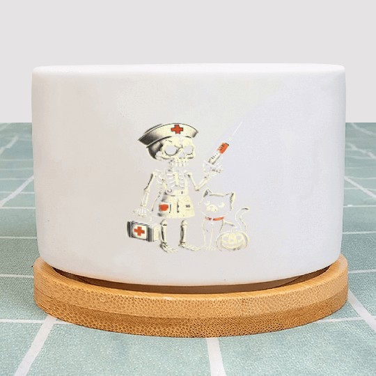 Creepy Nurse Skeleton with Pumpkin and Black Cat Plant Pots