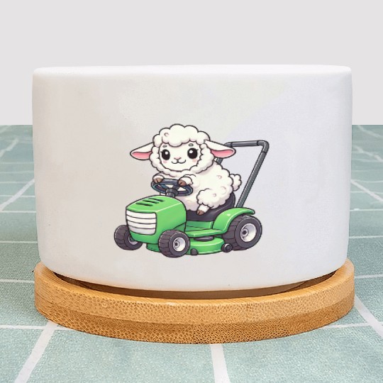 Funny sheep lawn mower farmer lamb grass Plant Pots