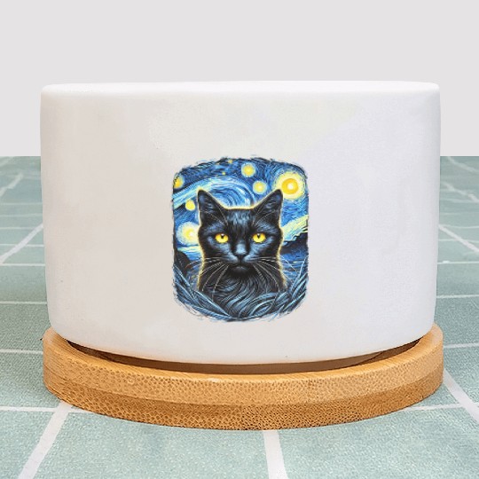 Funny Starry Night Black Cat Van Gogh Art Cat Plant Pots