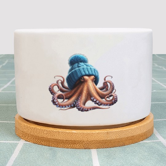 An Octopus Wearing a Knitted Blue Winter Hat Plant Pots