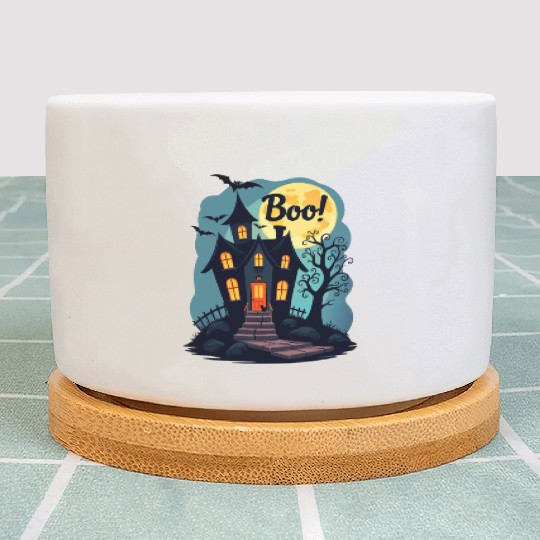 spooky haunted house with a black cat sitting Plant Pots