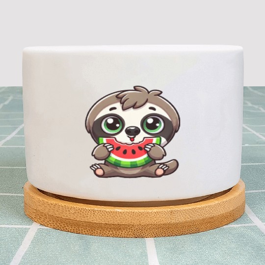 Sloth with watermelon cartoon summer vibes Plant Pots