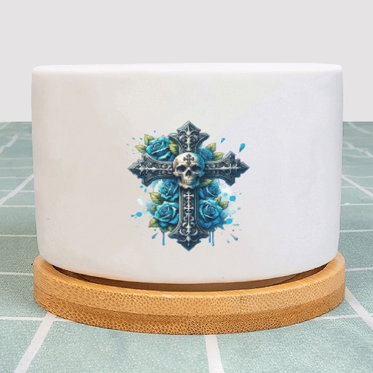 Gothic Collection - Cross, Skull & Blue Roses Plant Pots