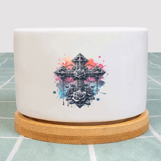 Gothic Collection - Crosses Roses Pastel B/ground Plant Pots