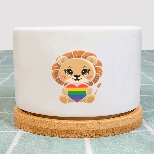 Cute Lion Holding Rainbow Heart LGTBQ Pride Plant Pots