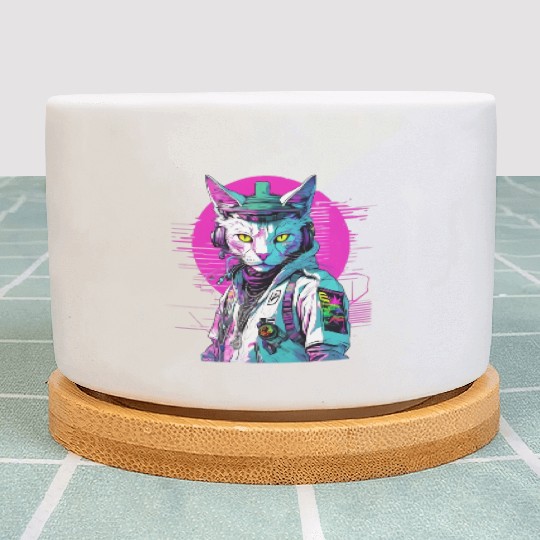 Neon Cyberpunk Warrior Cat Plant Pots
