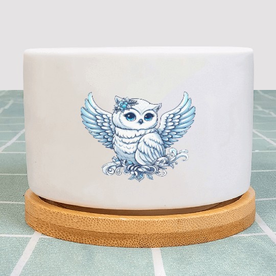 Cute snowy owl blue eyes angel wings cartoon Plant Pots