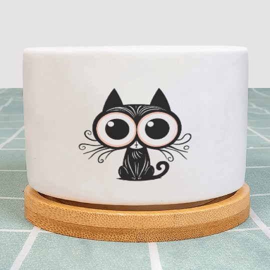 Whimsical Big-Eyed Black Cat – Surreal Feline Art Plant Pots