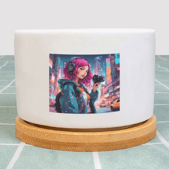 Cyberpunk Pink-Haired Girl - Neon Dreams Plant Pots