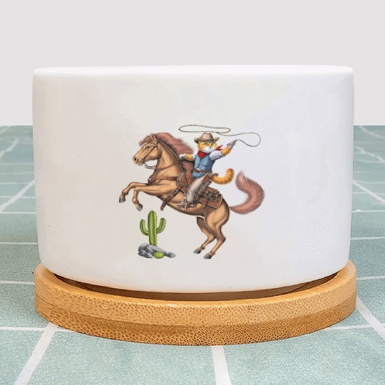 Cat Cowboy Riding Rodeo Horse Plant Pots