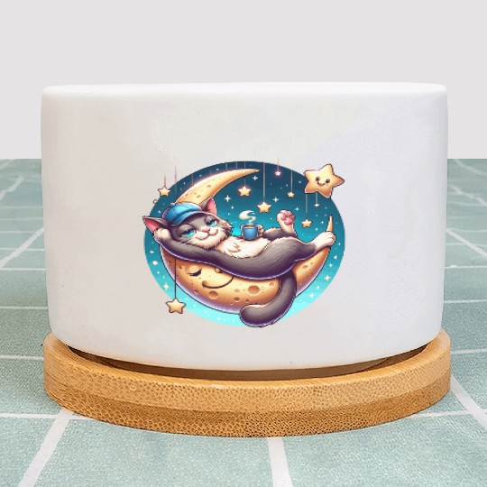 Cute Cat Relaxing on Moon with Stars and Coffee Plant Pots