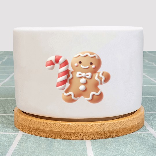 Happy gingerbread man with candy cane Plant Pots