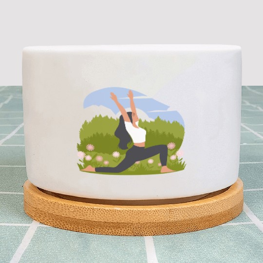 Yoga Pose Woman With Flowers Plant Pots