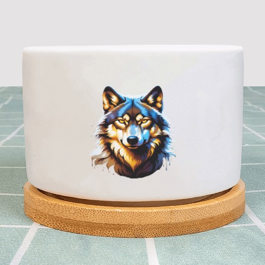 Isolated Lone Wolf Head Ink Design Plant Pots