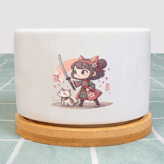 Adorable Anime Samurai Girl: Cat & Katana Design Plant Pots