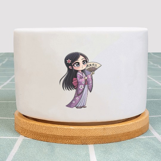 Cute Chibi Geisha Anime Inspired Kimono Design Plant Pots
