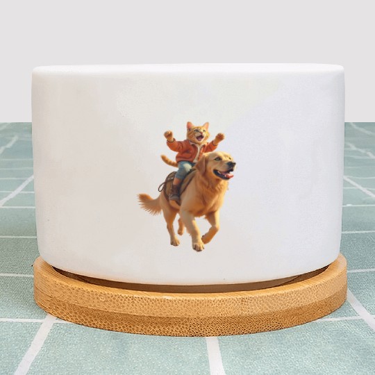 Funny Ginger Cat Riding Golden Retriever/Realistic Plant Pots