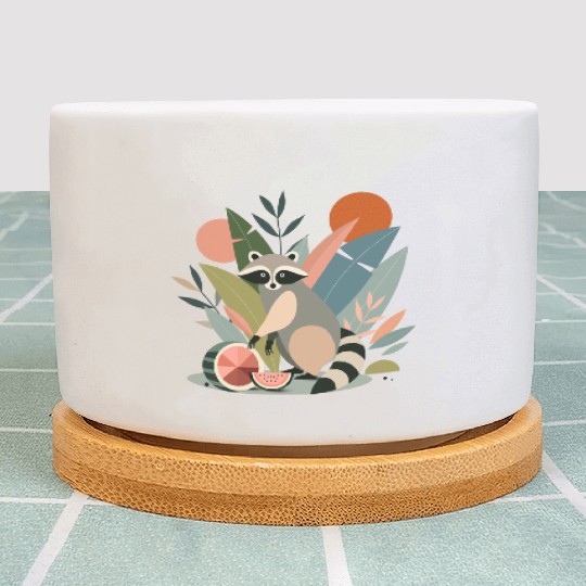 Raccoon with tropical plants and melons Plant Pots