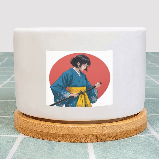 Blossom and Blade: Kimono-Clad Warrior Girl, Japan Plant Pots
