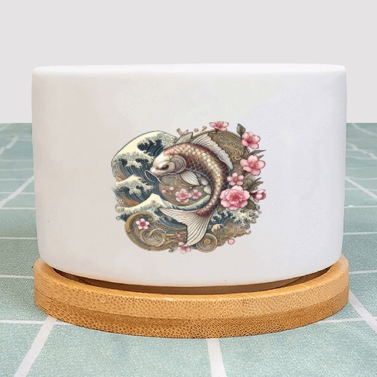 Elegant Koi Fish and Cherry Blossom Design Plant Pots