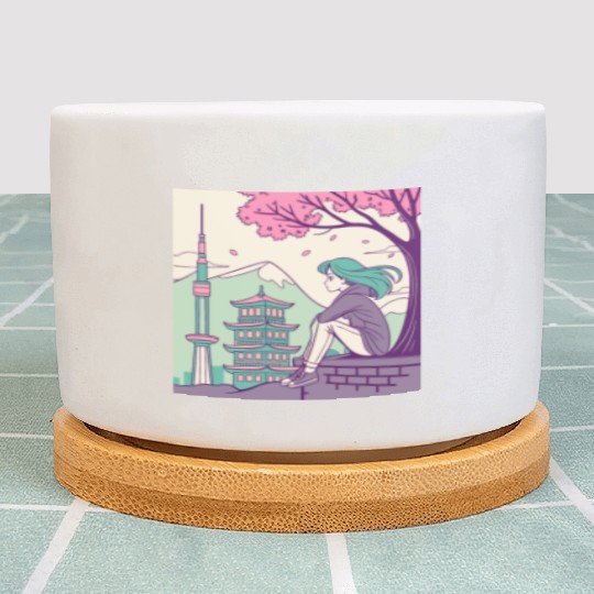 "Peaceful Anime Vibes: Girl Relaxing with Sakura Plant Pots