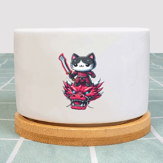 Samurai Cat with Sword on Dragon in Epic 3D Effect Plant Pots