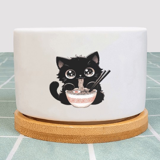 Cute Kawaii Cat eating Ramen Asian Food Gift Plant Pots